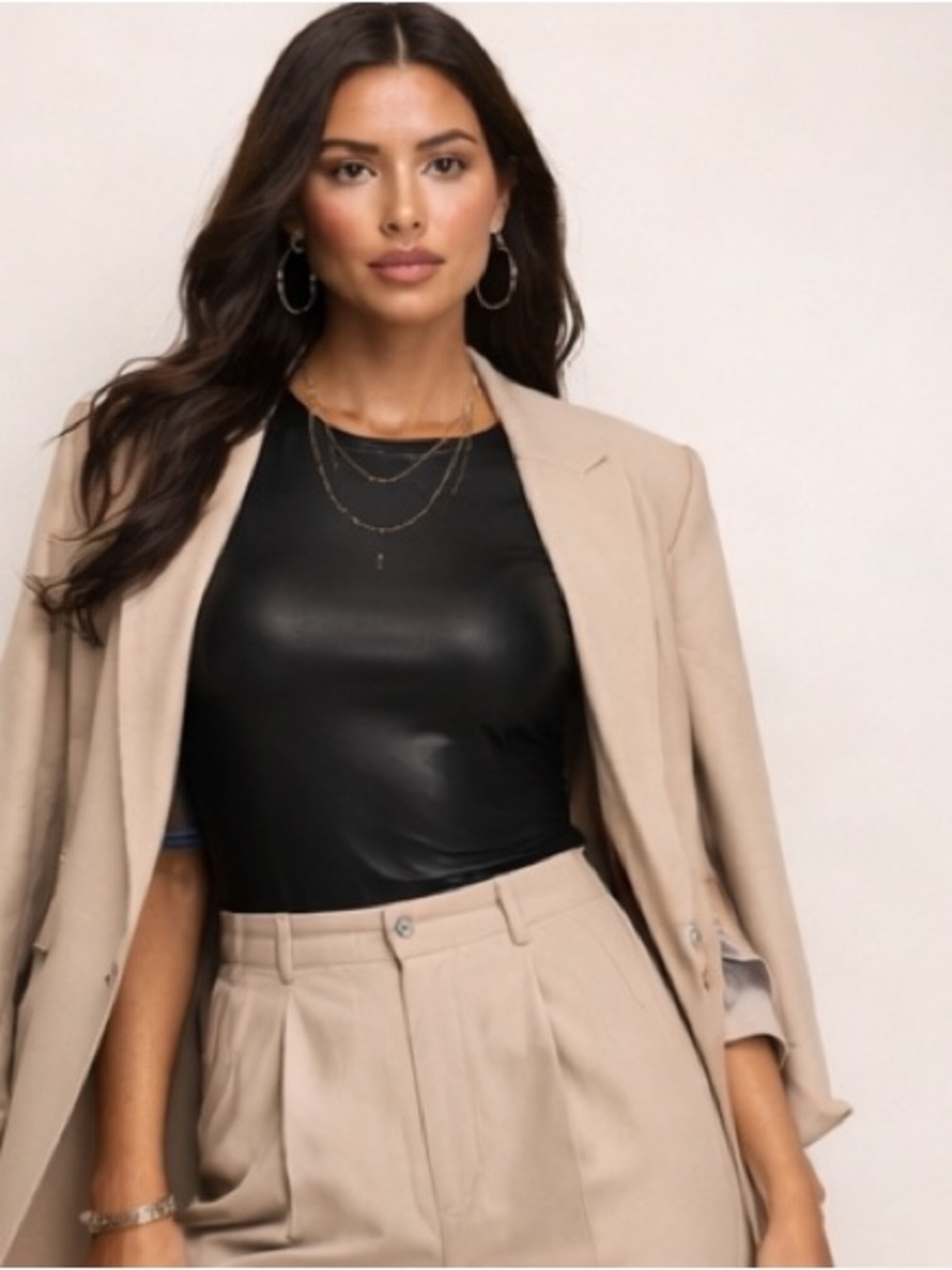 Black Faux Leather Long Sleeve Top | Sleek Chic Layering Piece - Picture 3 of 6